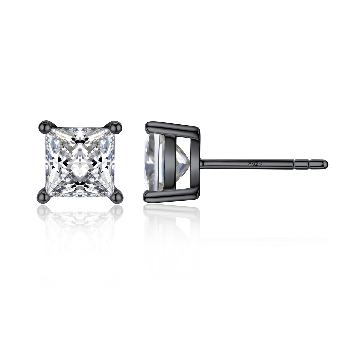 4 Prong Princess Cut Stud Moissanite Earrings in Black (D Color VVS1)