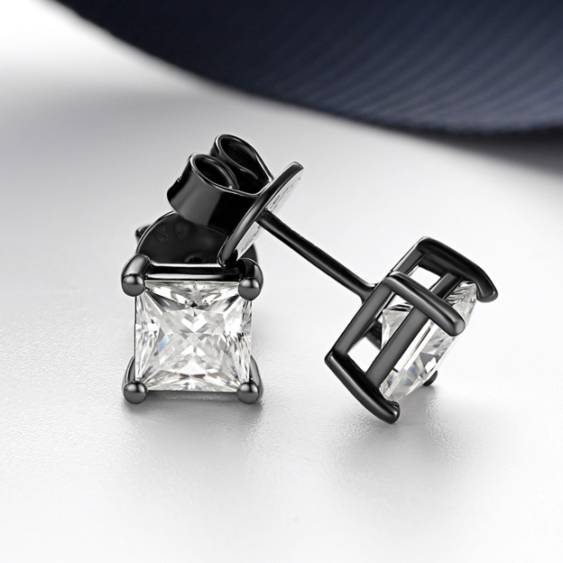 4 Prong Princess Cut Stud Moissanite Earrings in Black (D Color VVS1)
