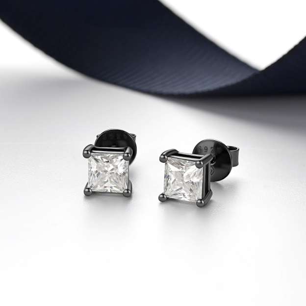 4 Prong Princess Cut Stud Moissanite Earrings in Black (D Color VVS1)