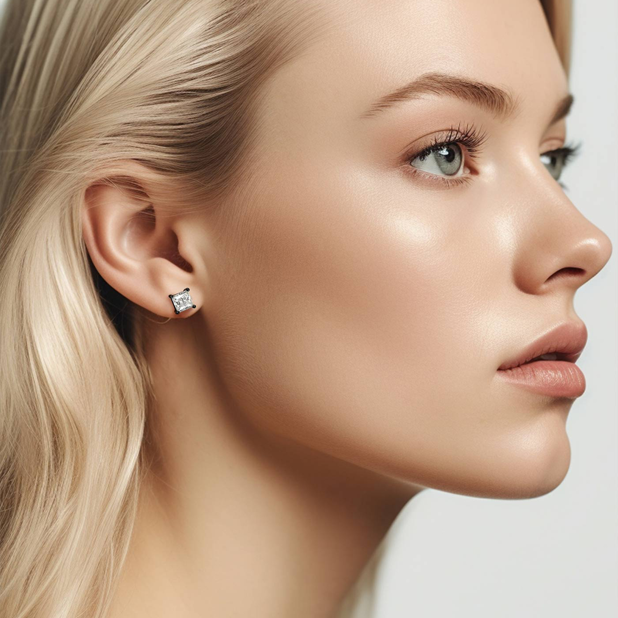 4 Prong Princess Cut Stud Moissanite Earrings in Black (D Color VVS1)