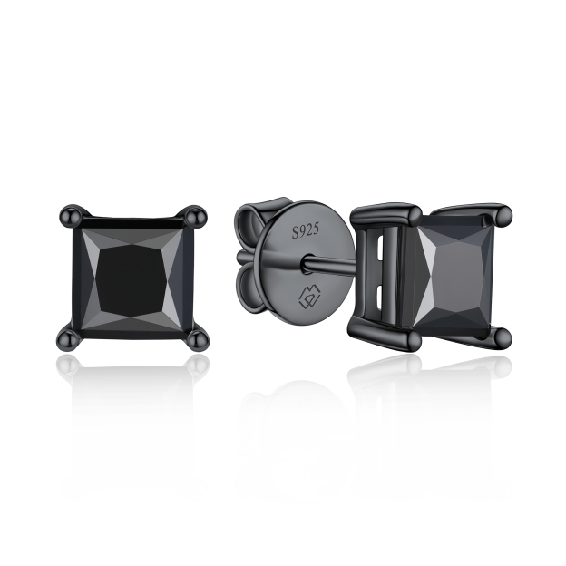 4 Prong Princess Cut Stud Black Moissanite Earrings in Black (D Color VVS1)