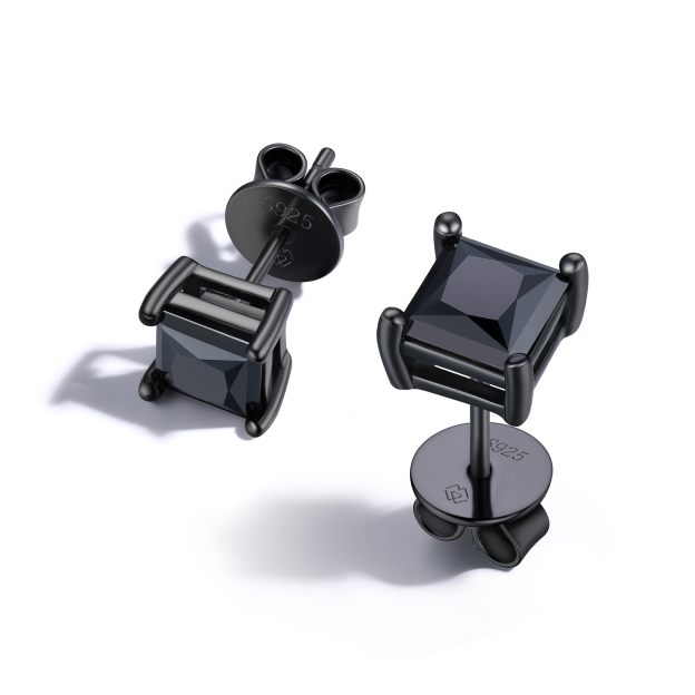 4 Prong Princess Cut Stud Black Moissanite Earrings in Black (D Color VVS1)