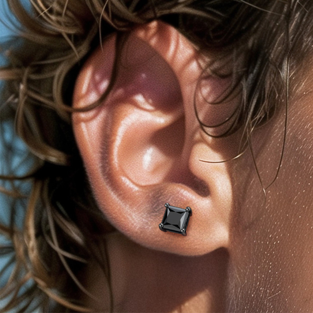 4 Prong Princess Cut Stud Black Moissanite Earrings in Black (D Color VVS1)