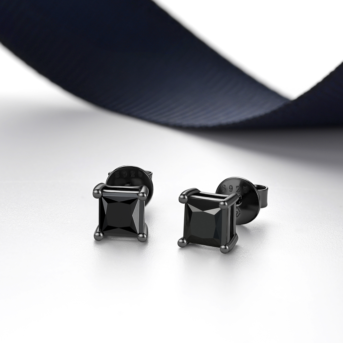 4 Prong Princess Cut Stud Black Moissanite Earrings in Black (D Color VVS1)