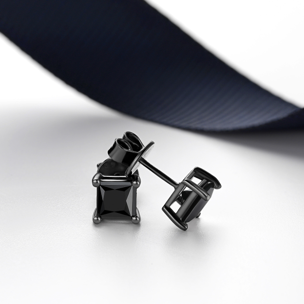 4 Prong Princess Cut Stud Black Moissanite Earrings in Black (D Color VVS1)