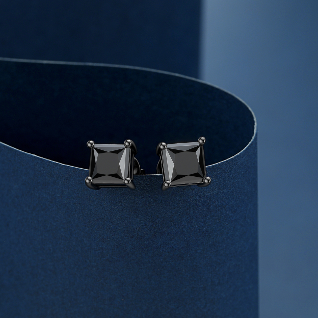 4 Prong Princess Cut Stud Black Moissanite Earrings in Black (D Color VVS1)