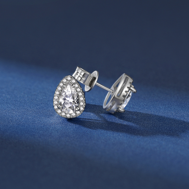 1 Carat Halo Pear Cut Moissanite Stud Earrings in White Gold, Sterling Silver-02