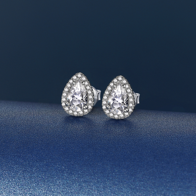 1 Carat Halo Pear Cut Moissanite Stud Earrings in White Gold, Sterling Silver-01