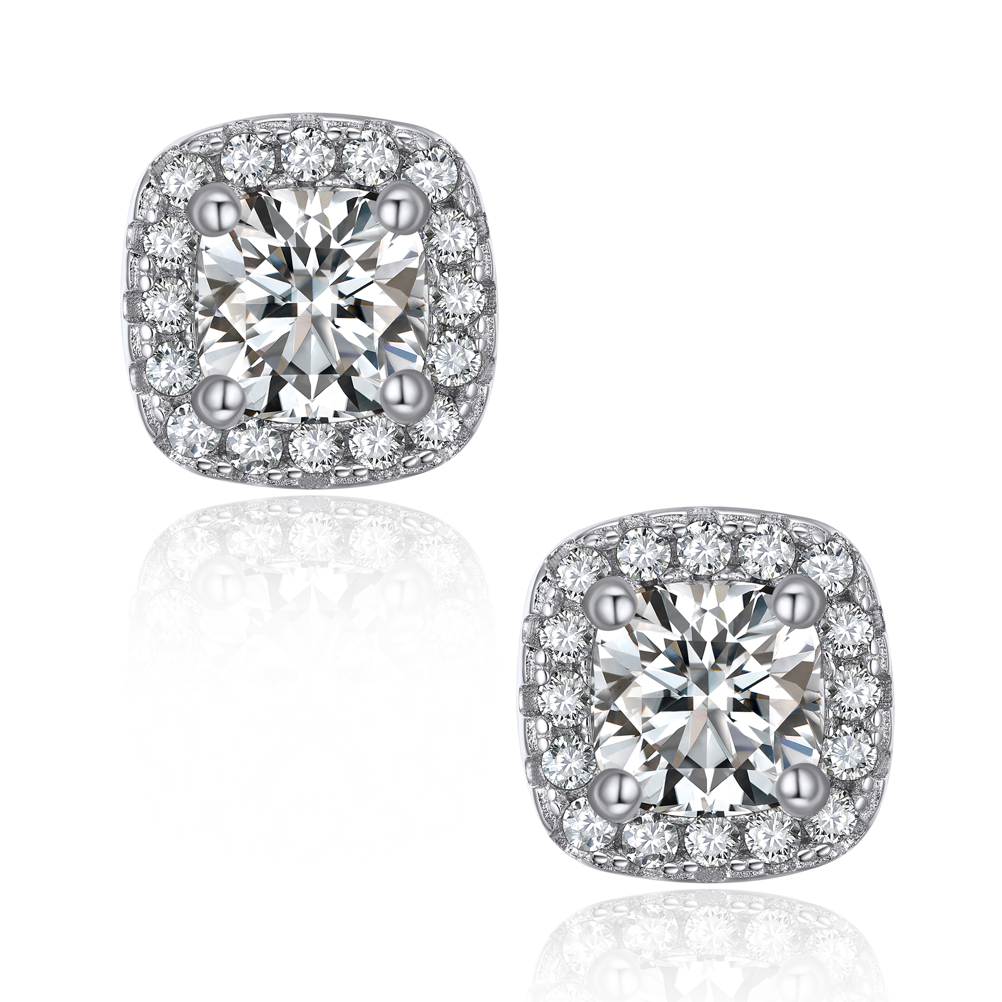 Halo Cushion Cut Stud Moissanite Earrings (D Color VVS1)