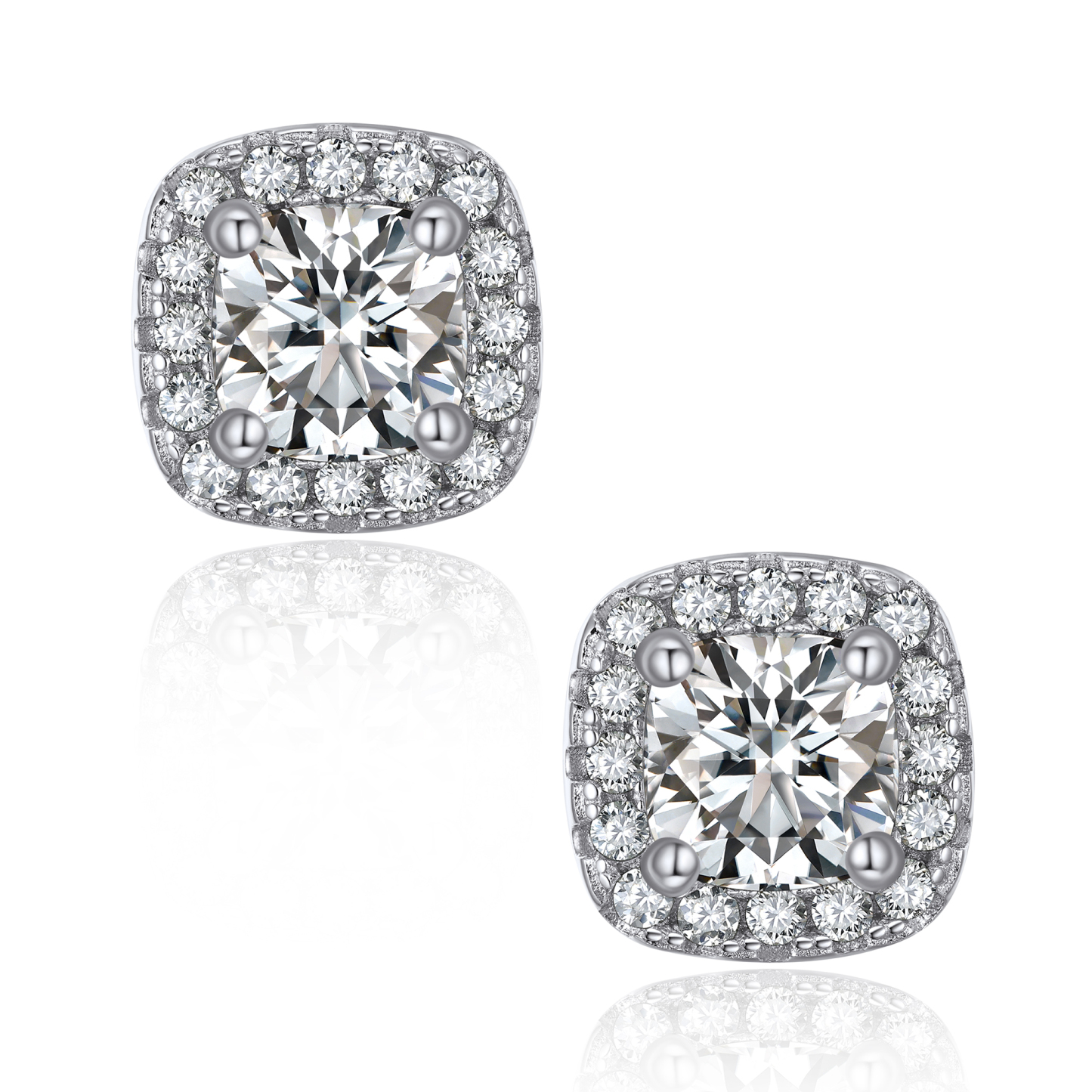 Halo Cushion Cut Stud Moissanite Earrings (D Color VVS1)