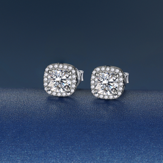 Halo Cushion Cut Moissanite Stud Earrings in White Gold, Sterling Silver-01