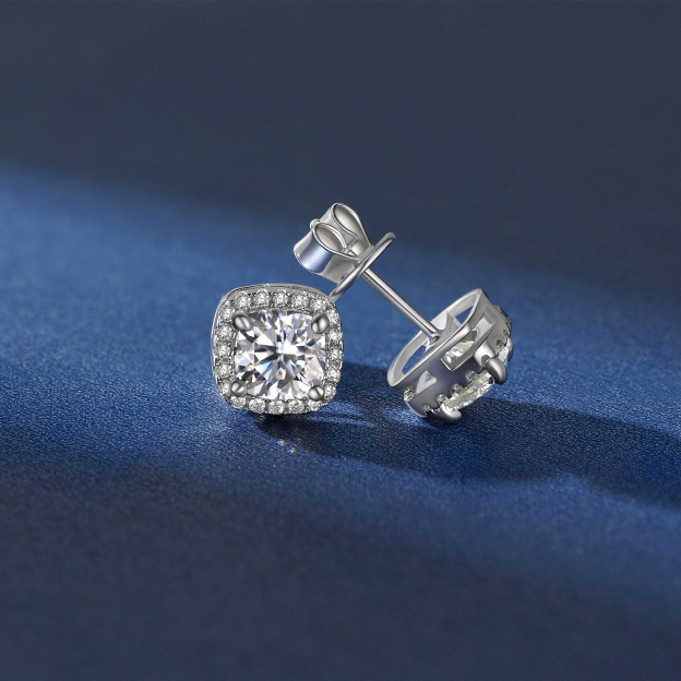 Halo Cushion Cut Moissanite Stud Earrings in White Gold, Sterling Silver-02