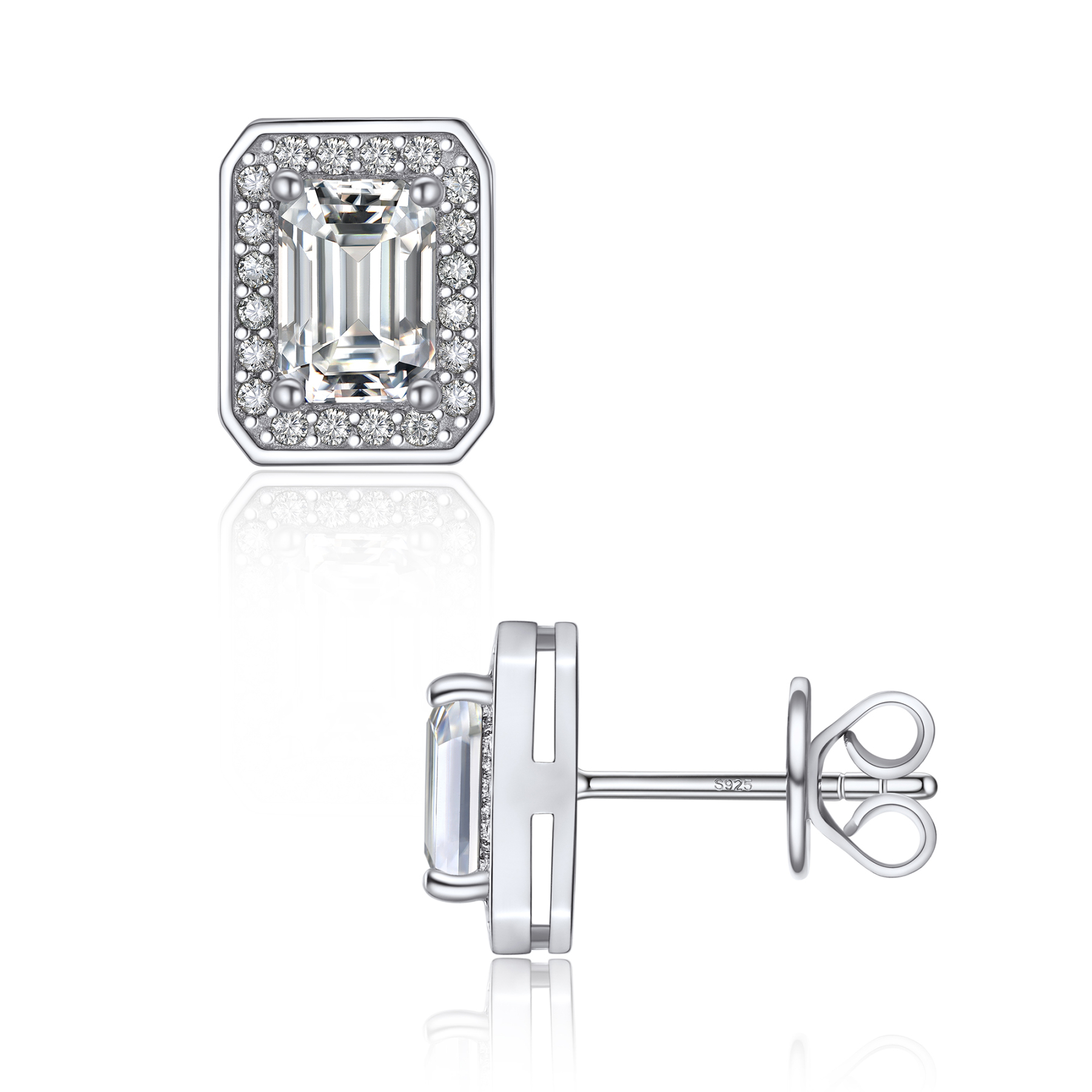 Halo Emerald Cut Stud Moissanite Earrings (0.8 Ct. VVS1)