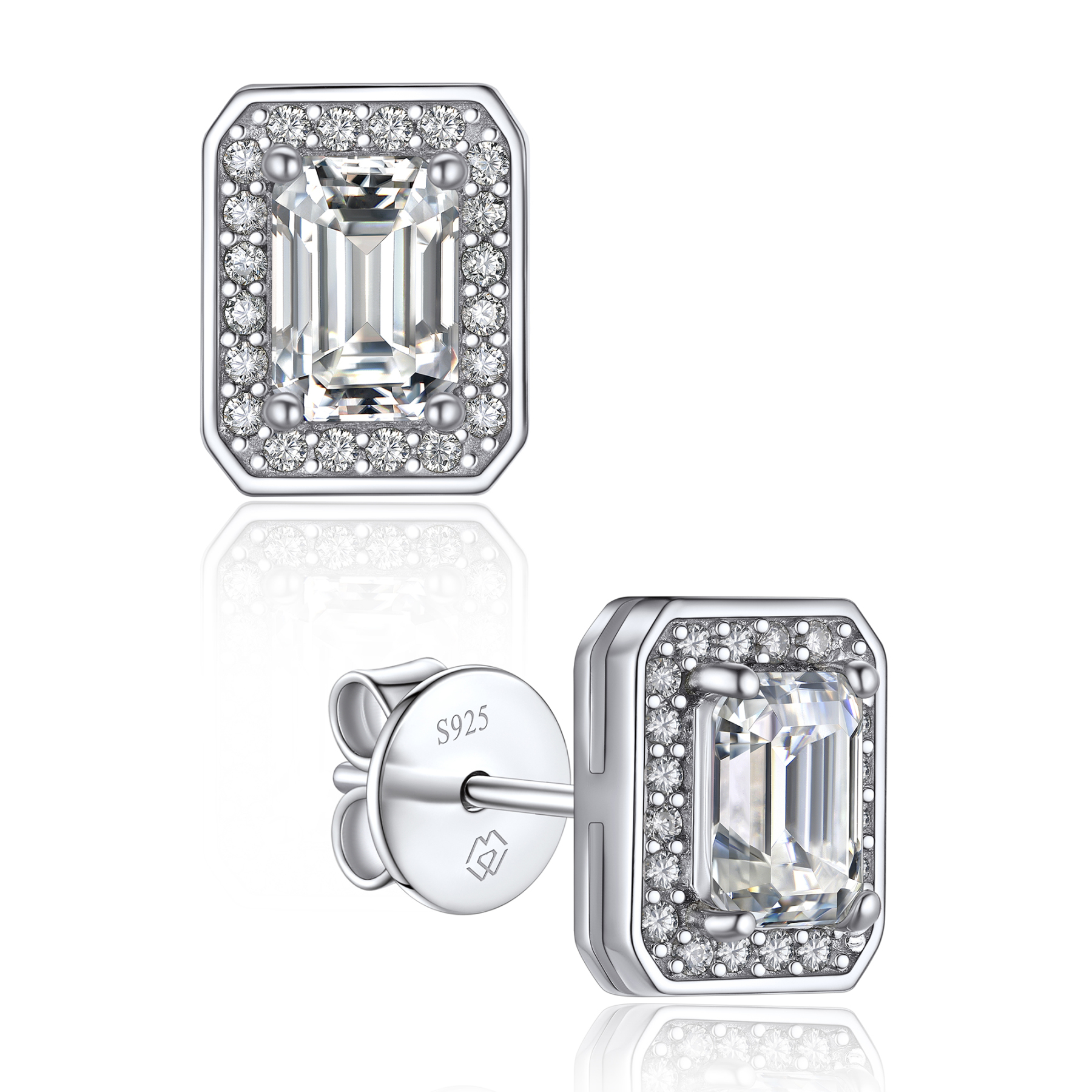 Halo Emerald Cut Stud Moissanite Earrings (0.8 Ct. VVS1)