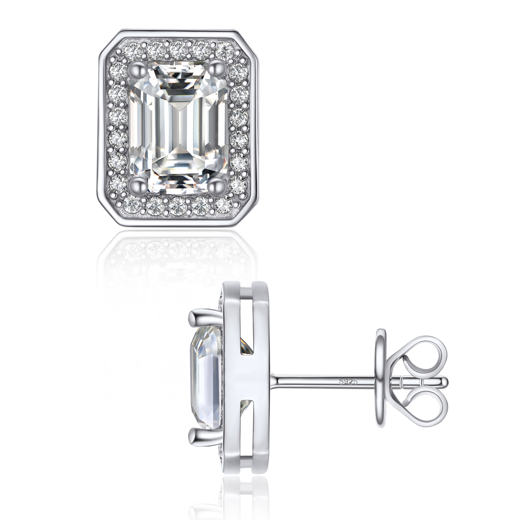 Halo Emerald Cut Stud Moissanite Earrings (1 Ct. VVS1)