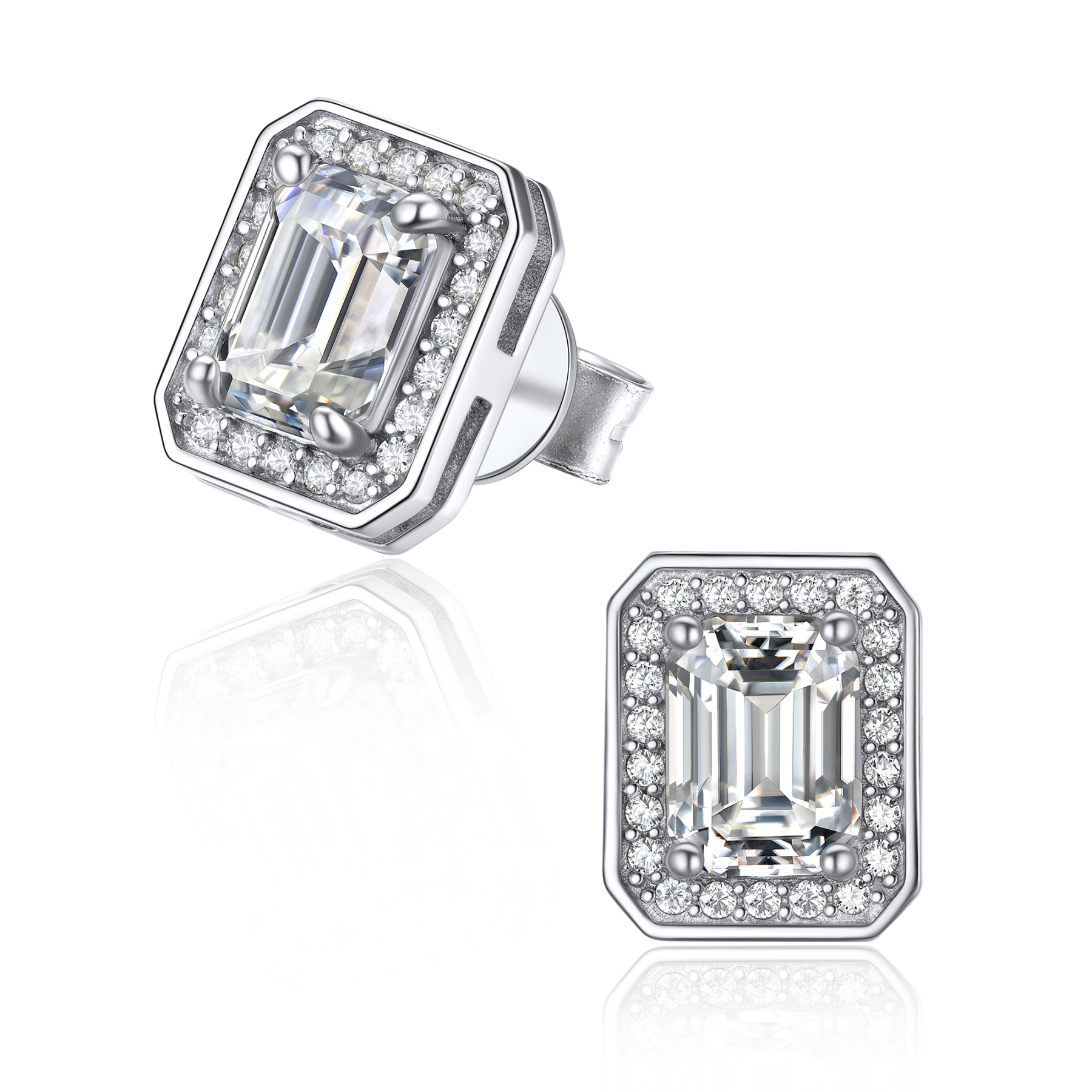 Halo Emerald Cut Stud Moissanite Earrings (1 Ct. VVS1)