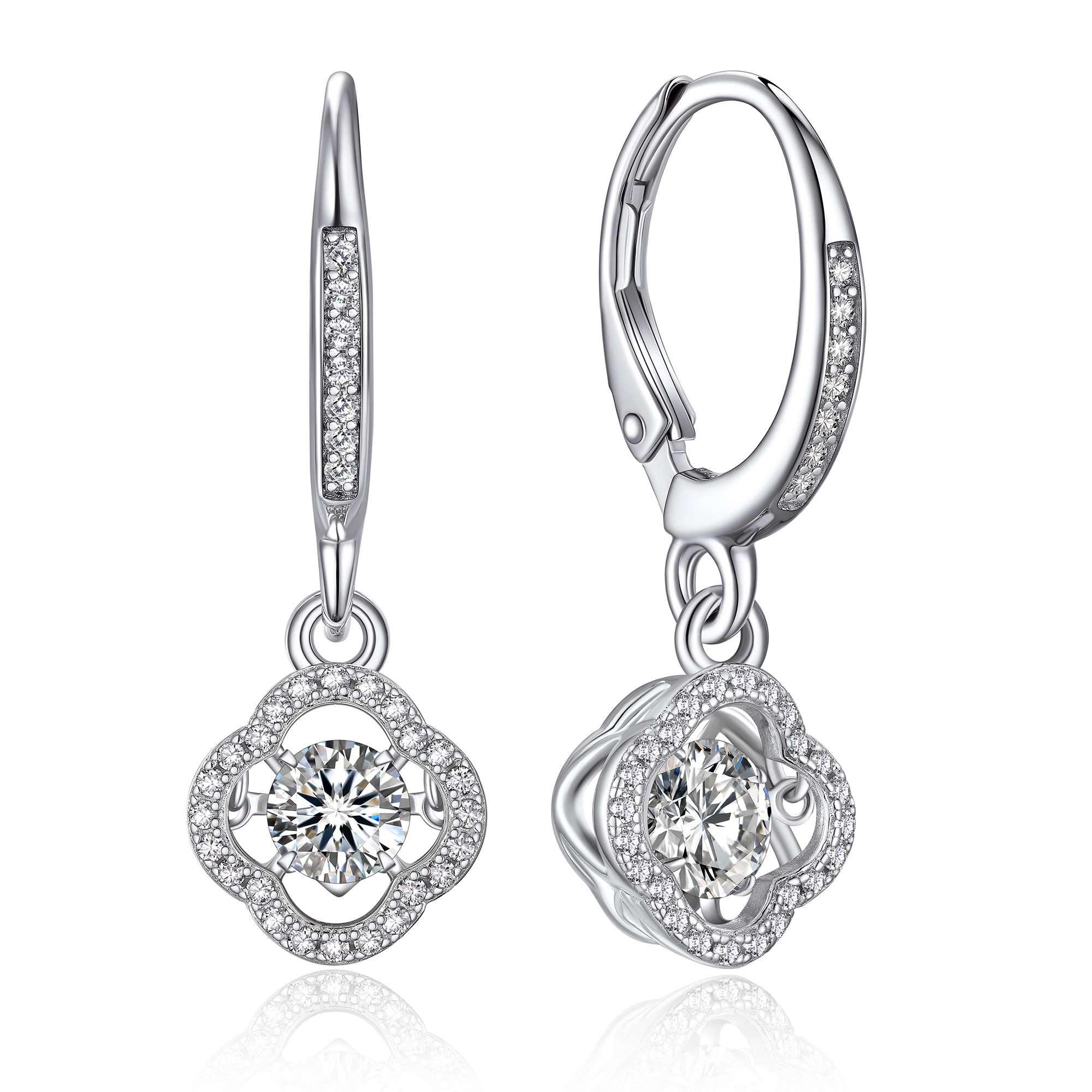 Halo Clover Dangle Earrings Moissanite Dancing Stone Earrings (1/2 Ct. VVS1)