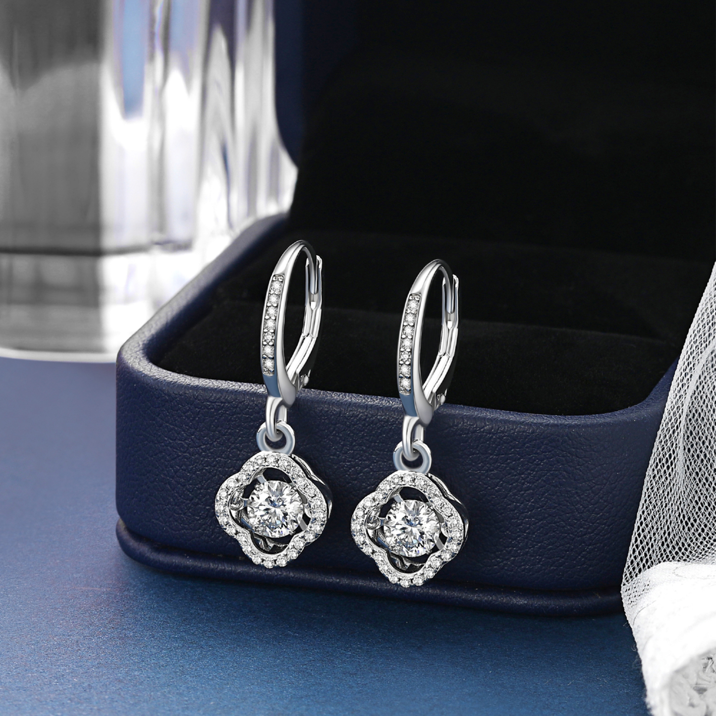 Halo Clover Dangle Earrings Moissanite Dancing Stone Earrings (1/2 Ct. VVS1)