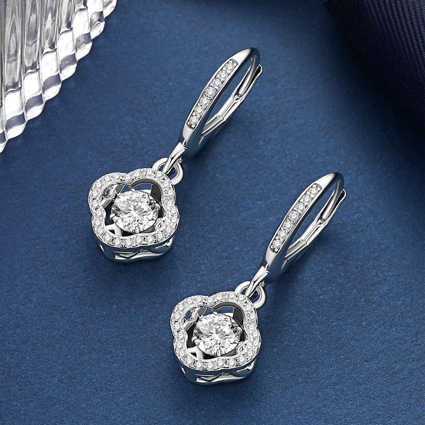 Halo Clover Dangle Earrings Moissanite Dancing Stone Earrings (1/2 Ct. VVS1)