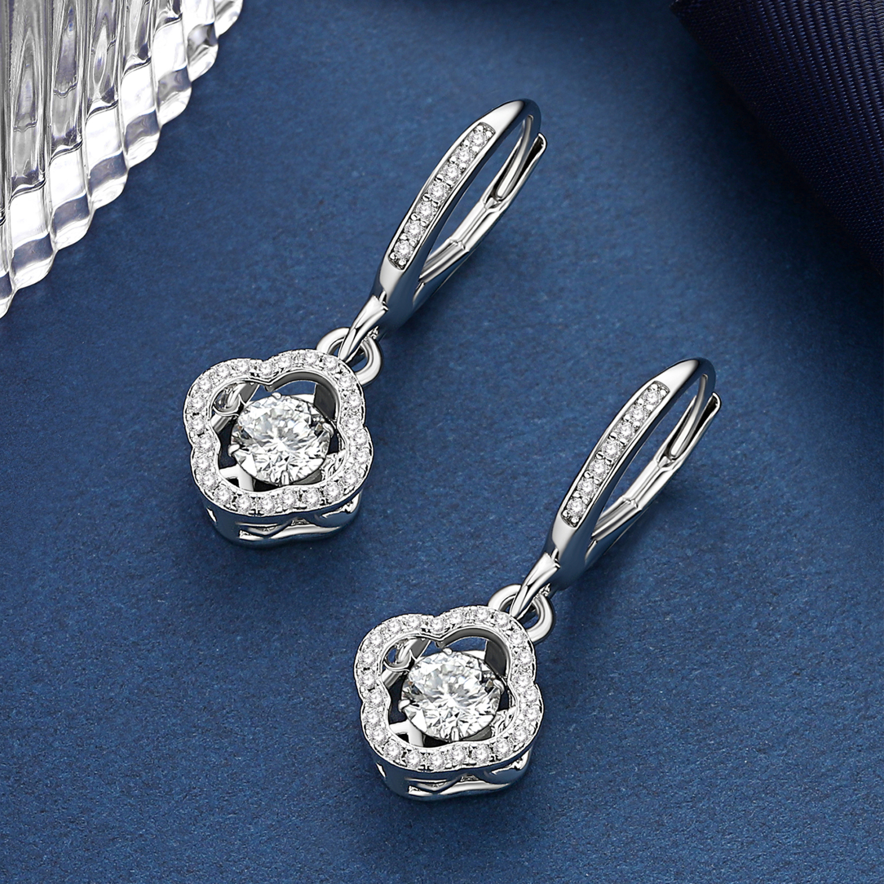 Halo Clover Dangle Earrings Moissanite Dancing Stone Earrings (1/2 Ct. VVS1)