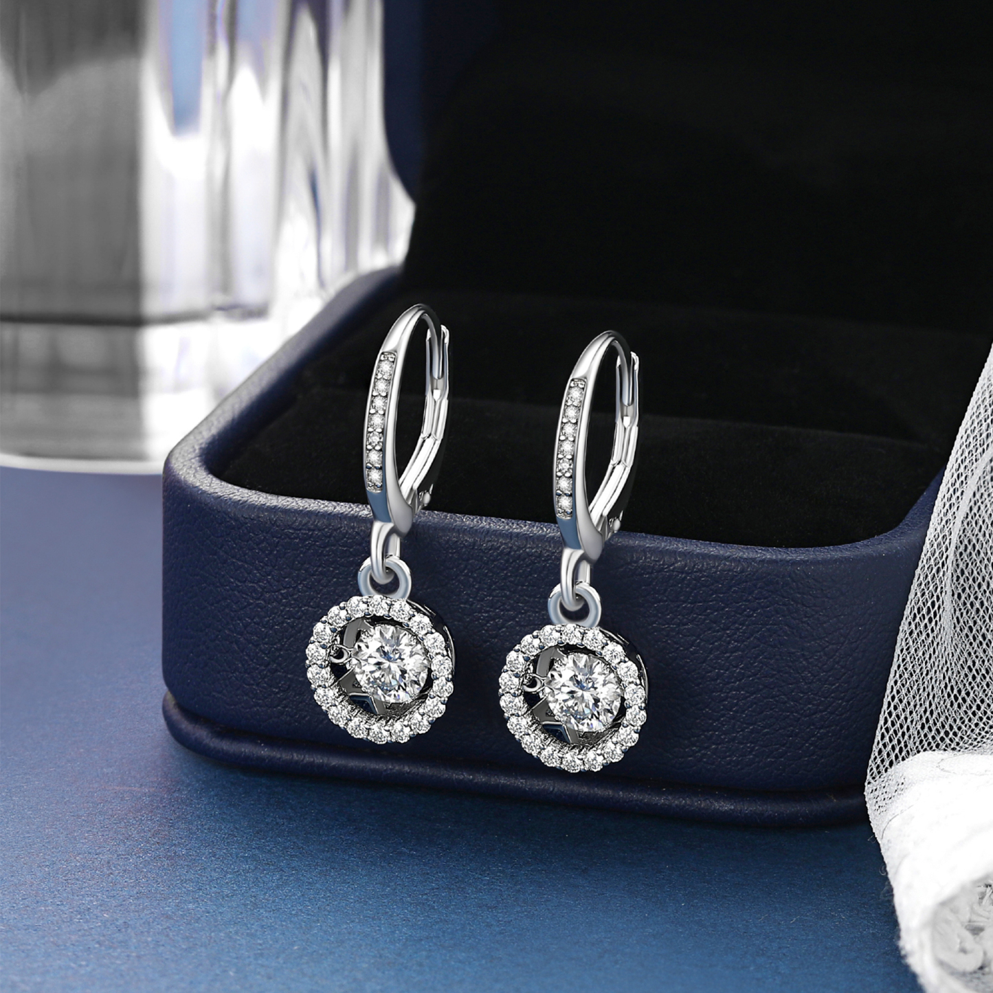 Halo Round Dangle Earrings Moissanite Dancing Stone Earrings (1/2 Ct. VVS1)