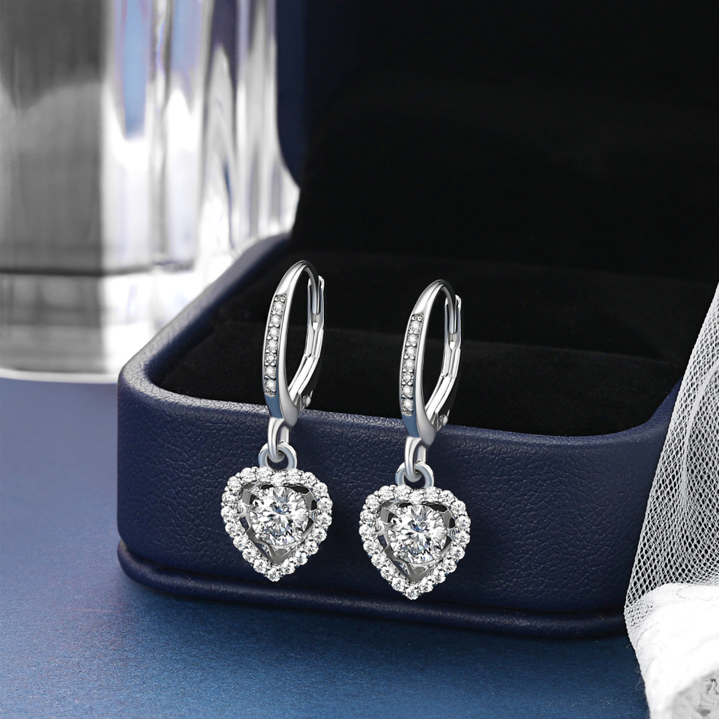 Halo Heart Dangle Earrings Moissanite Dancing Stone Earrings (1/2 Ct. VVS1)