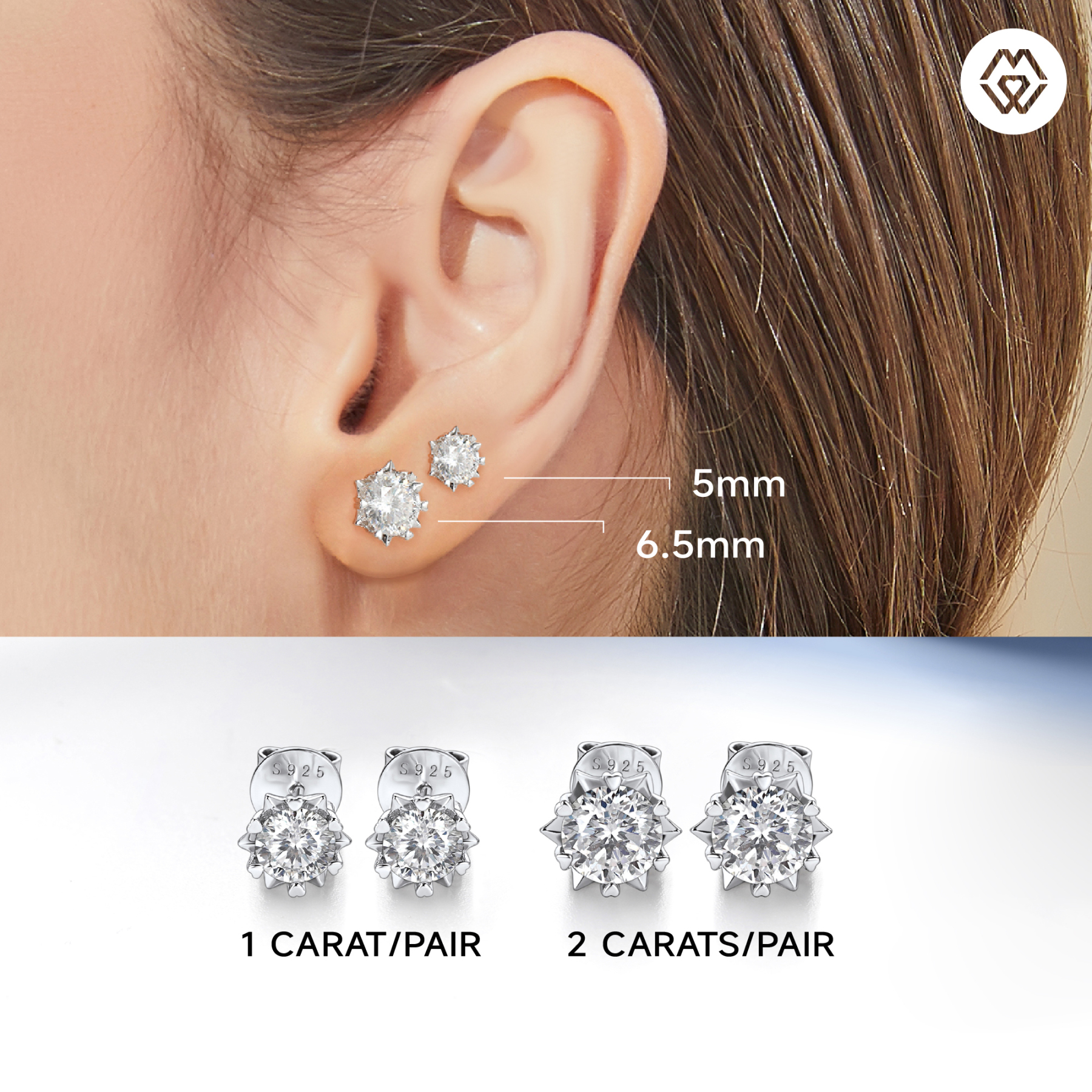 Snowflake Round Stud Moissanite Earrings in White Gold (D Color VVS1)