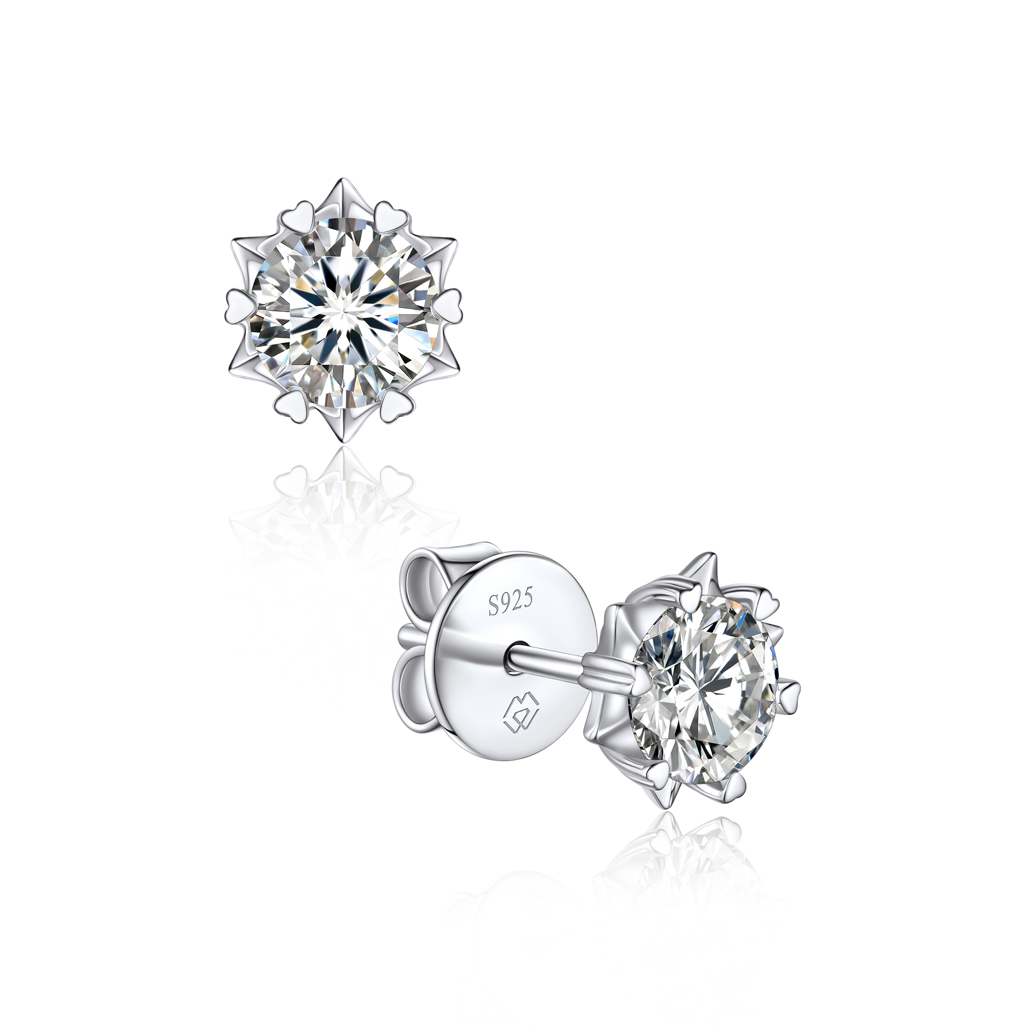 Snowflake Round Stud Moissanite Earrings in White Gold (D Color VVS1)