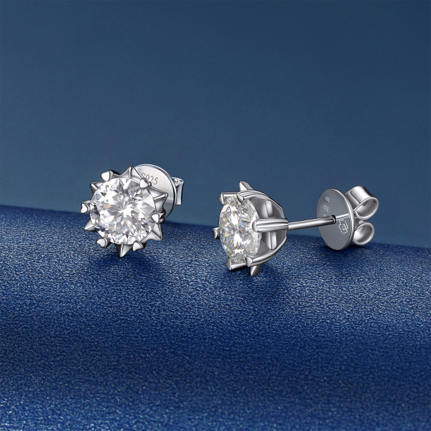 Snowflake Round Stud Moissanite Earrings in White Gold (D Color VVS1)