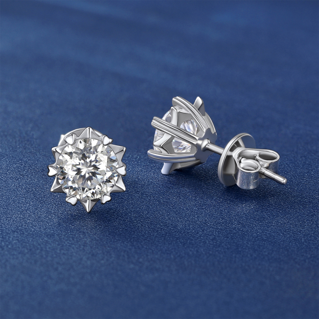 Snowflake Round Stud Moissanite Earrings in White Gold (D Color VVS1)