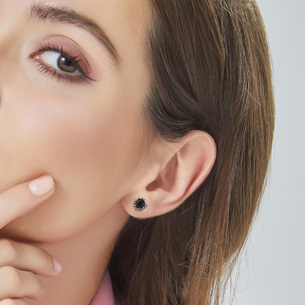 Snowflake Round Stud Black Moissanite Earrings in White Gold (D Color VVS1)