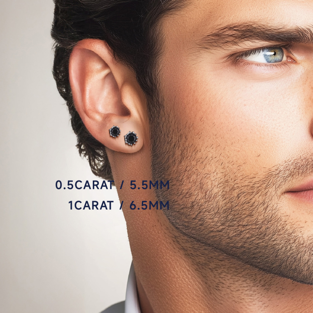 Snowflake Round Stud Black Moissanite Earrings in White Gold (D Color VVS1)