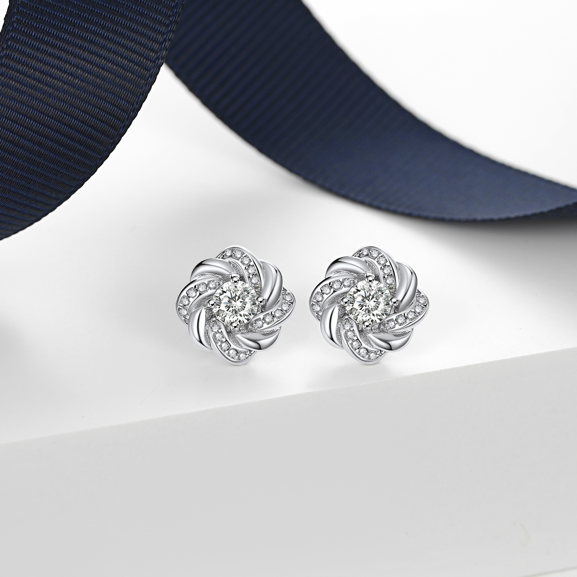 Twisted Vine Round Stud Moissanite Earrings in White Gold (1/2 Ct. VVS1)
