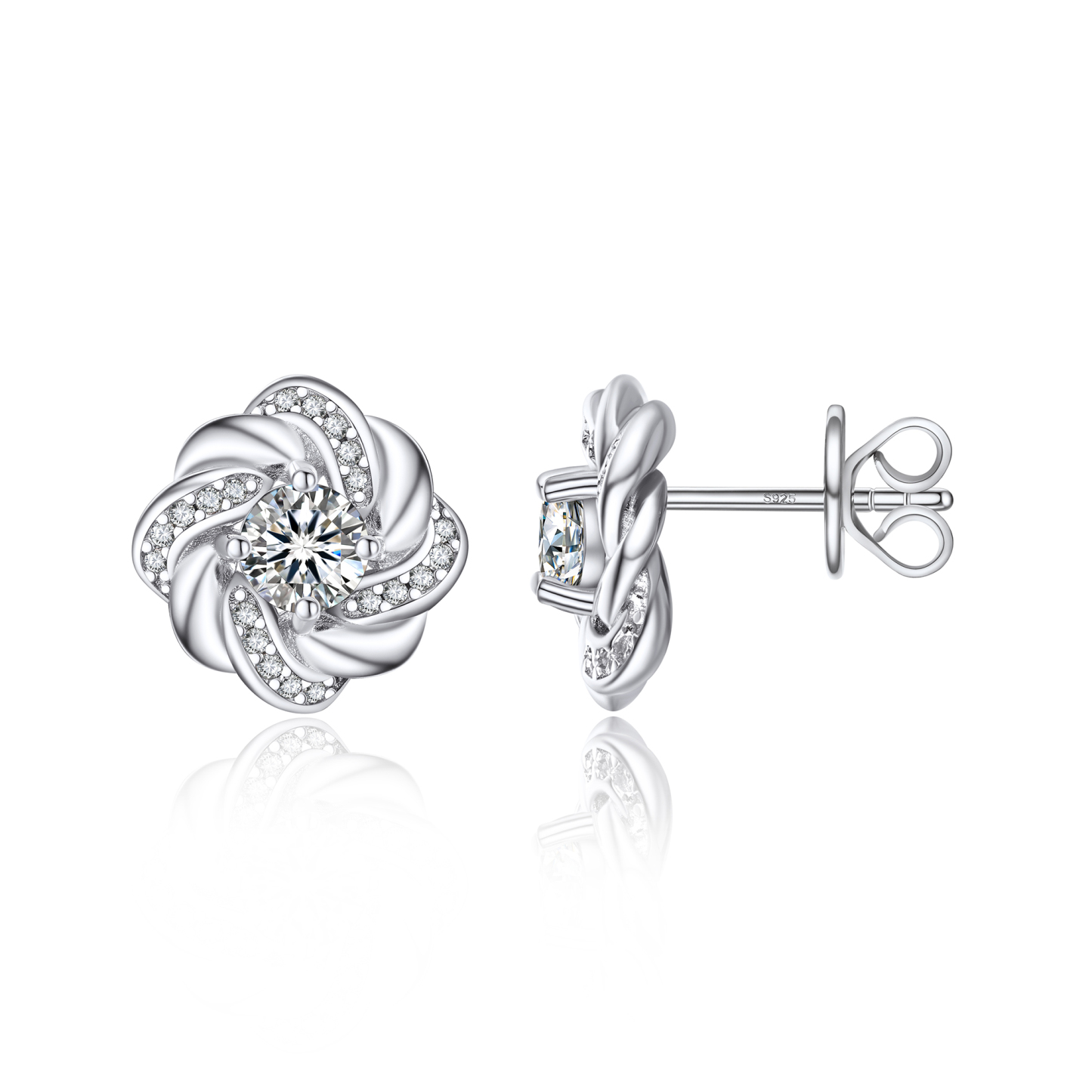 Twisted Vine Round Stud Moissanite Earrings in White Gold (1/2 Ct. VVS1)