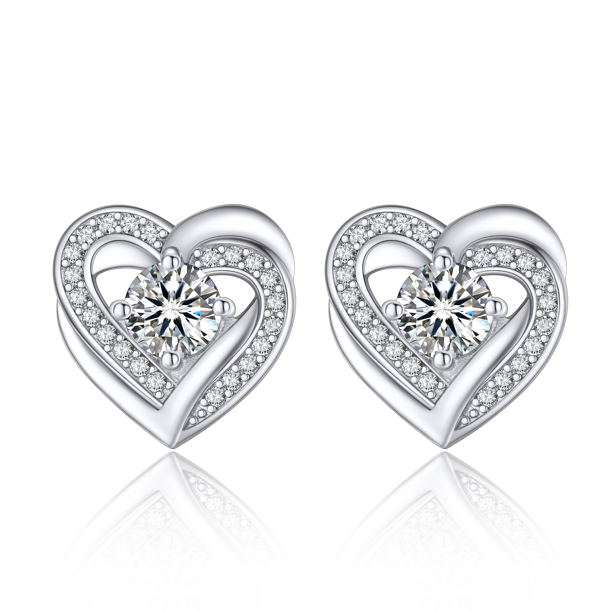 Round Stud Moissanite Double Heart Earrings in White Gold (1/2 Ct. VVS1)