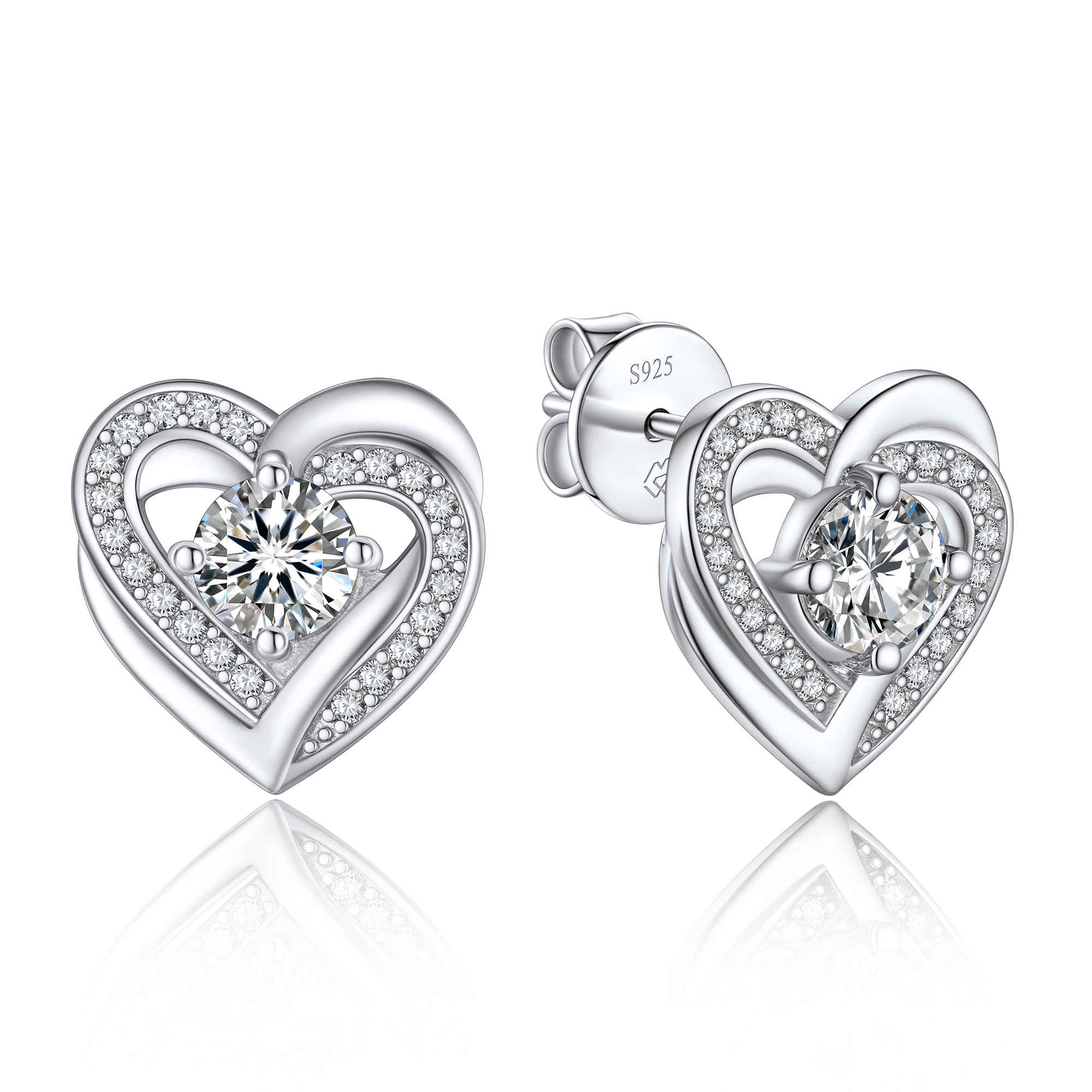 Round Stud Moissanite Double Heart Earrings in White Gold (1/2 Ct. VVS1)