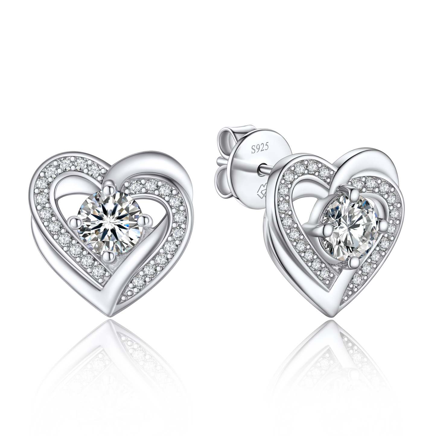 Round Stud Moissanite Double Heart Earrings in White Gold (1/2 Ct. VVS1)