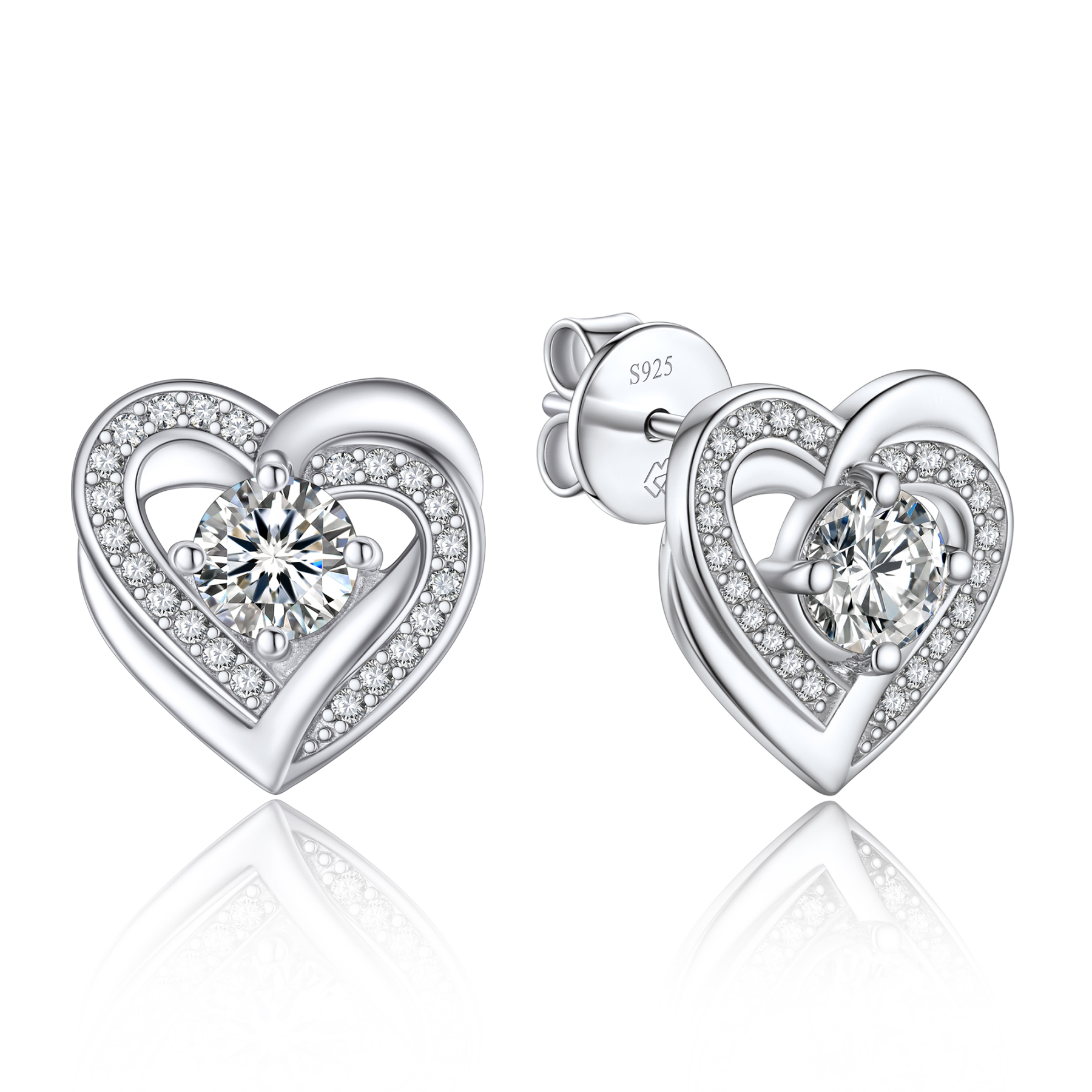 Round Stud Moissanite Double Heart Earrings in White Gold (1/2 Ct. VVS1)