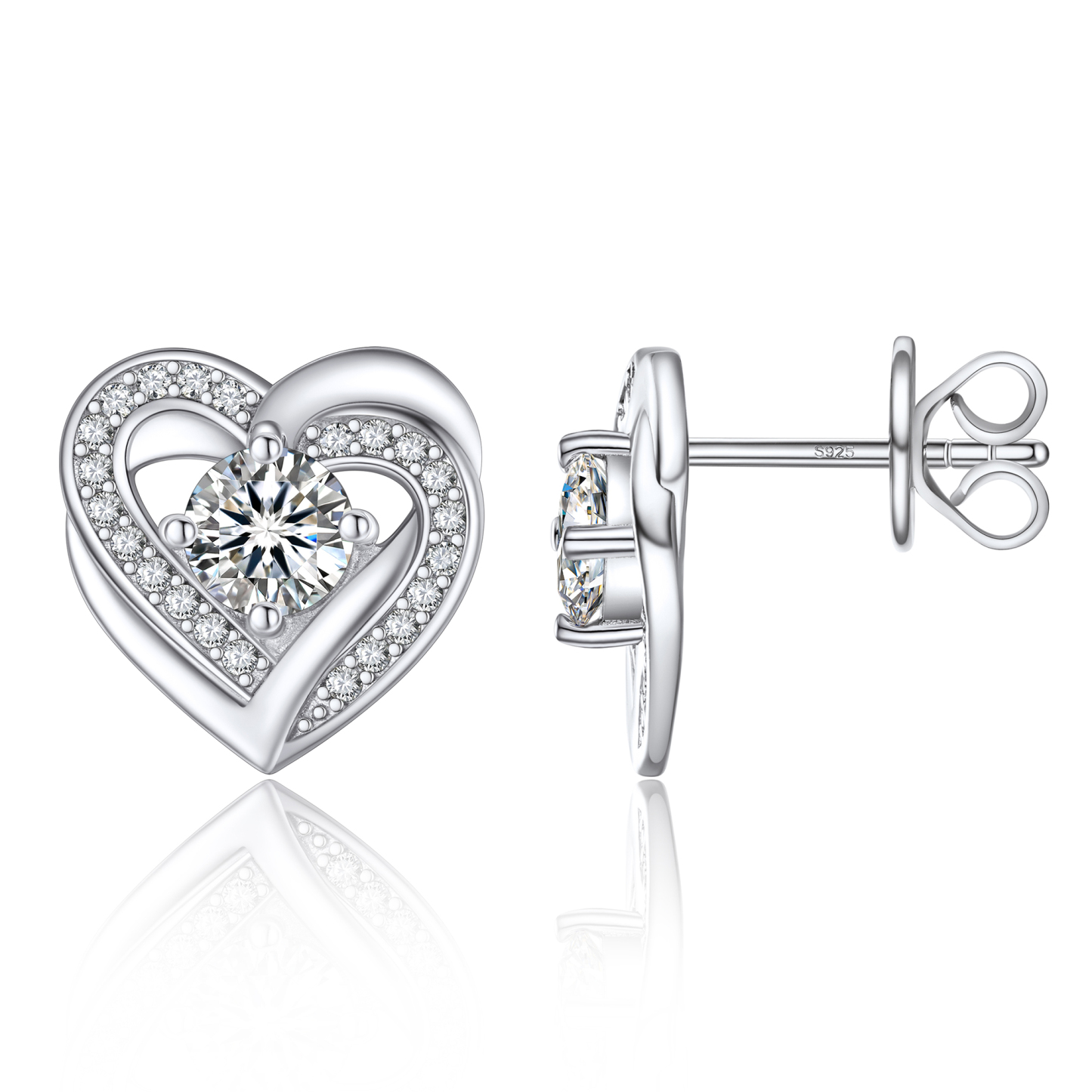 Round Stud Moissanite Double Heart Earrings in White Gold (1/2 Ct. VVS1)