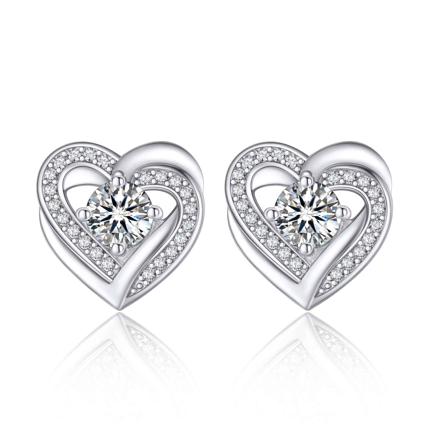 Round Stud Moissanite Double Heart Earrings in White Gold (1/2 Ct. VVS1)