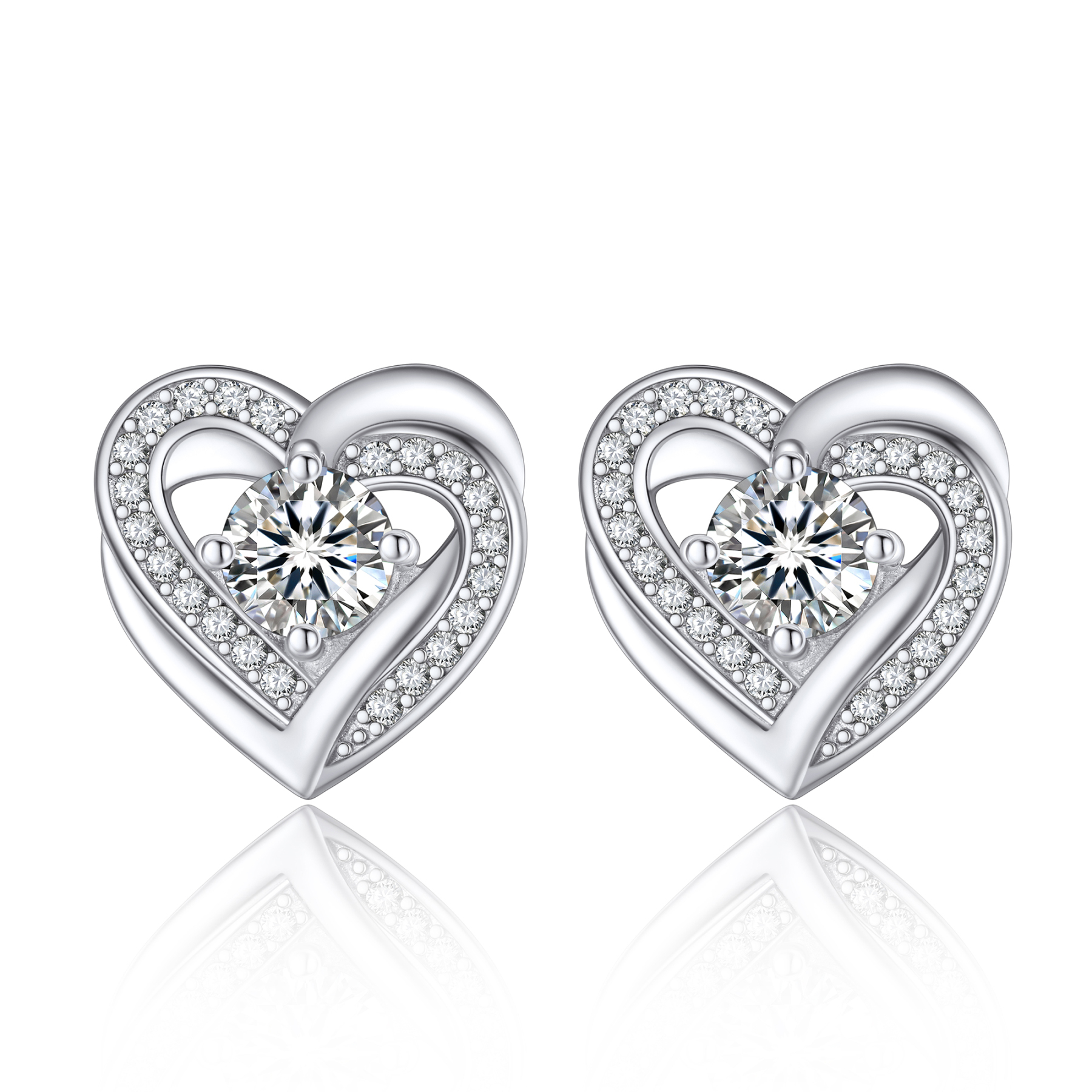 Round Stud Moissanite Double Heart Earrings in White Gold (1/2 Ct. VVS1)
