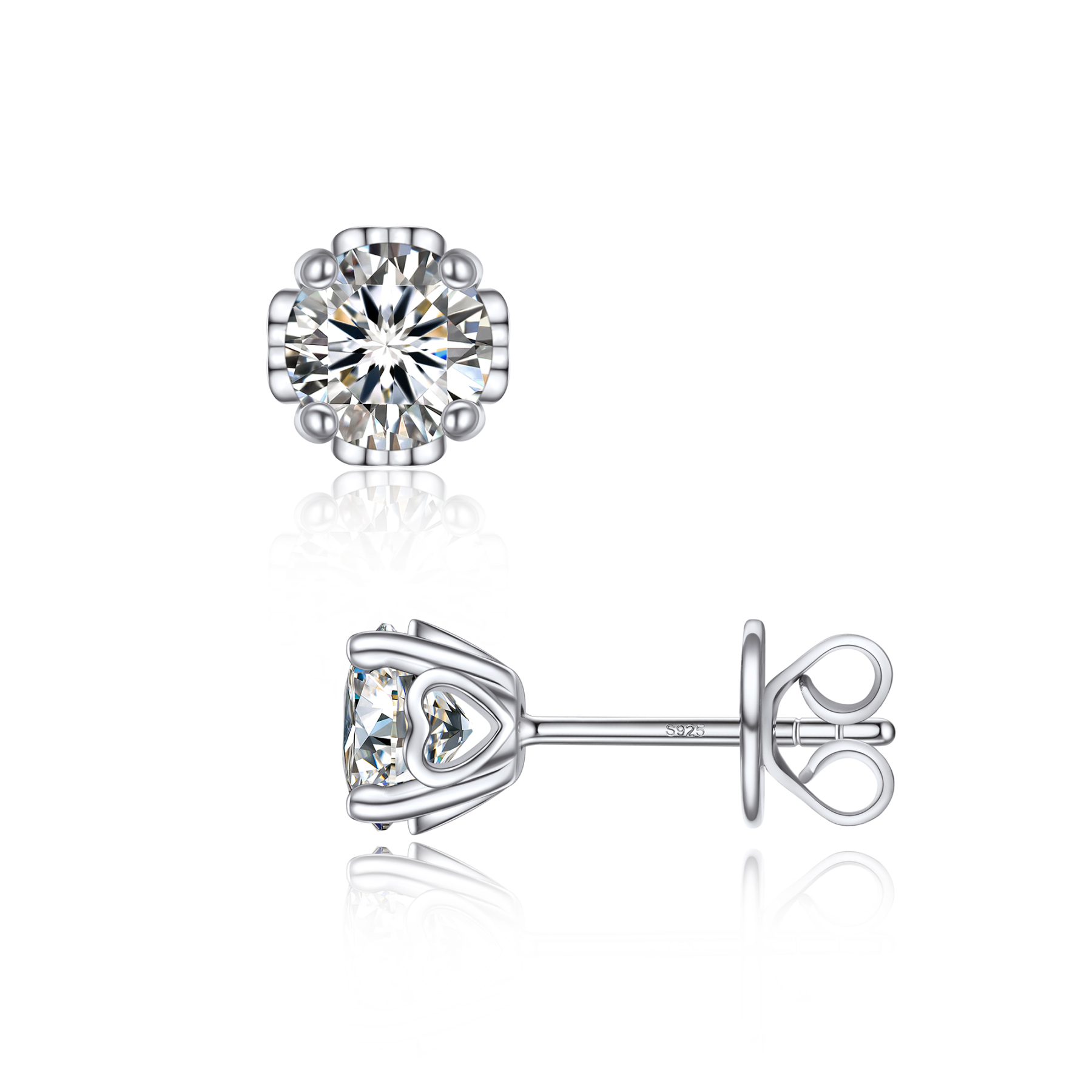 Side Heart Stud Moissanite Earrings in White Gold (D Color VVS1)