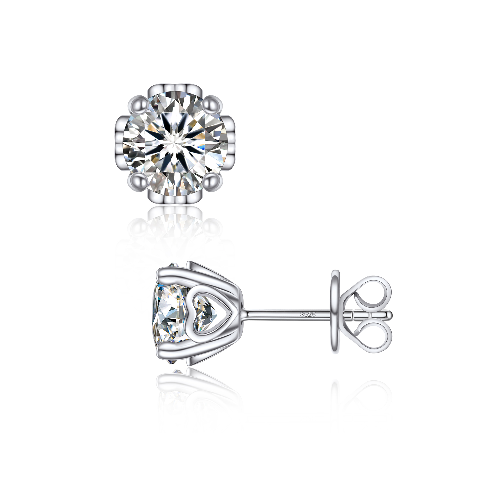 Side Heart Stud Moissanite Earrings in White Gold (D Color VVS1)