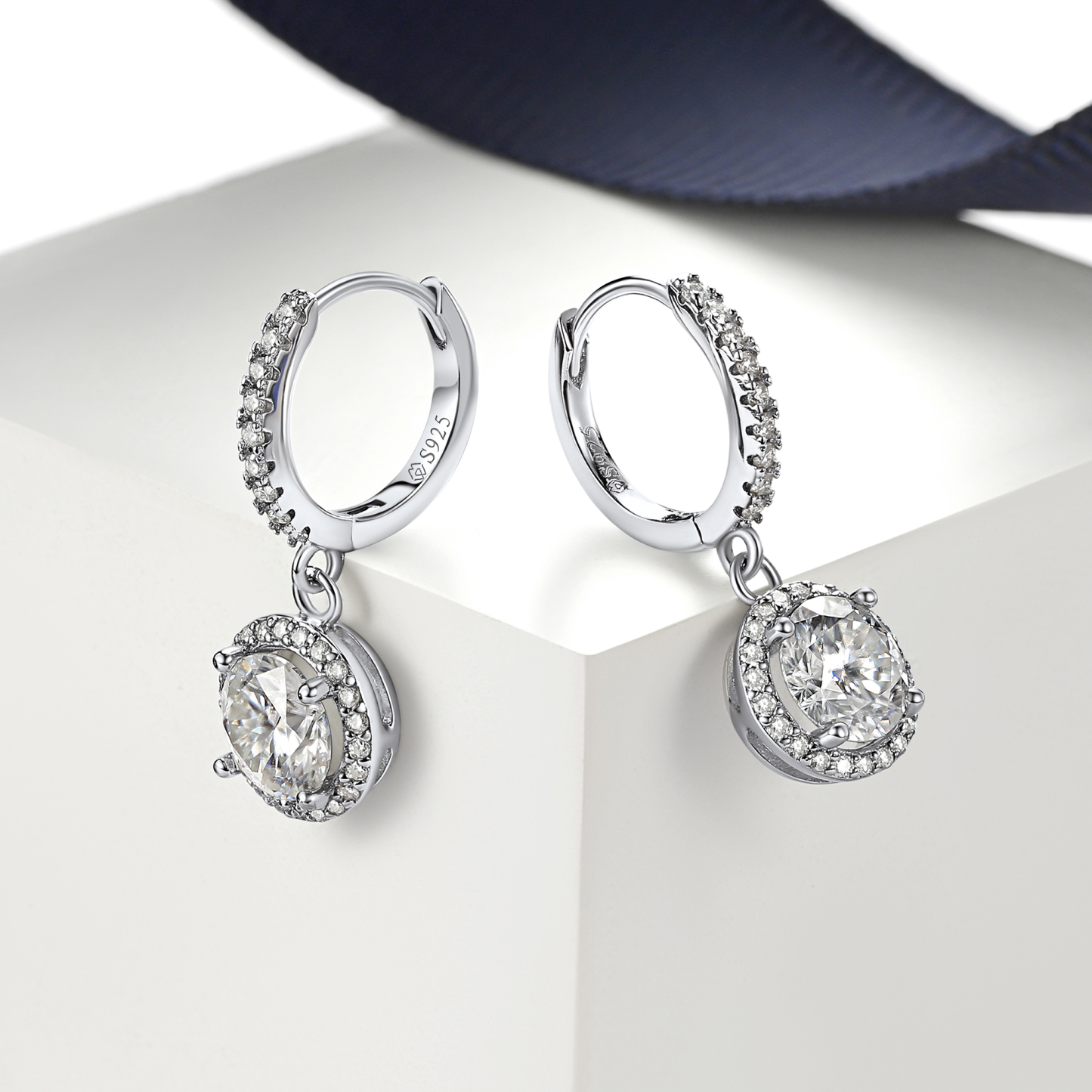 Halo Round Huggie Hoop Moissanite Drop Earrings (1 Ct. VVS1)