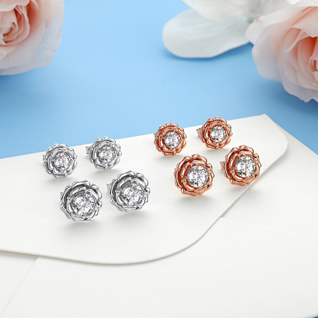 Rose Stud Moissanite Earrings in Rose Gold (D Color VVS1)