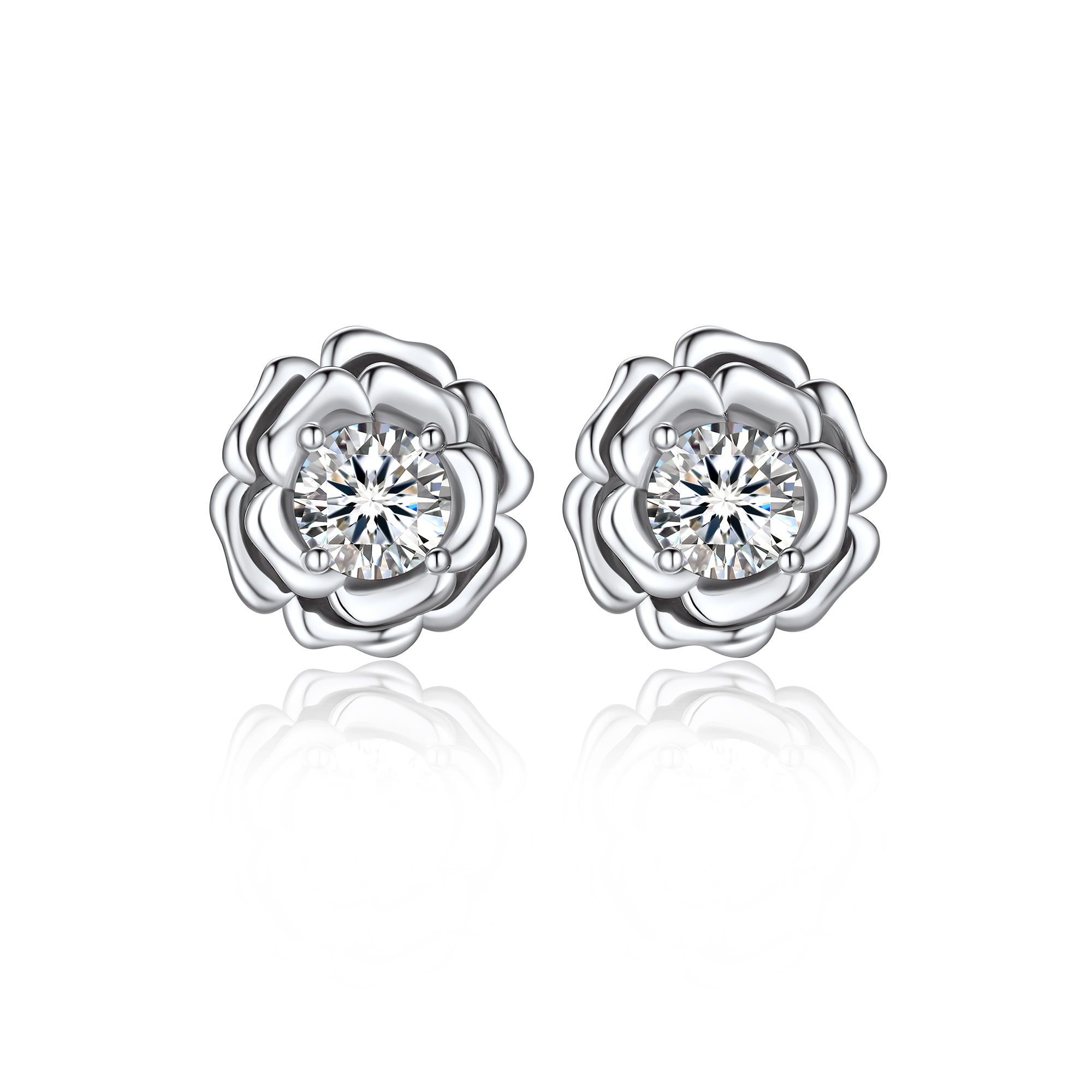 Rose Stud Moissanite Earrings in White Gold (D Color VVS1)