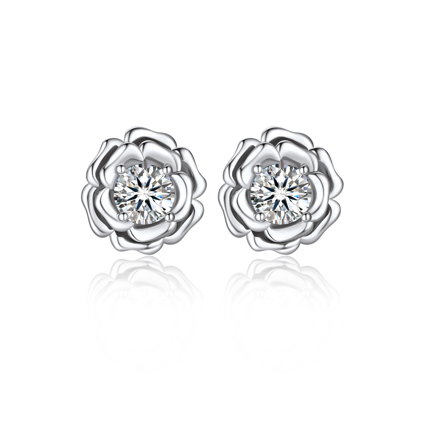Rose Stud Moissanite Earrings in White Gold (D Color VVS1)