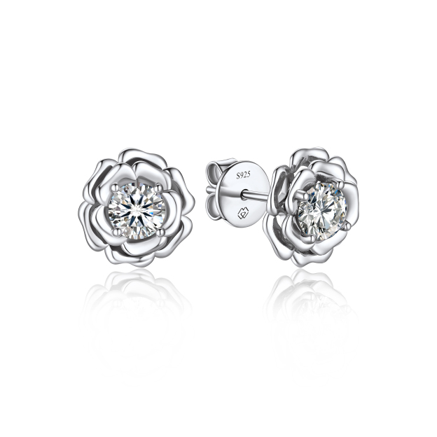 Rose Stud Moissanite Earrings in White Gold (D Color VVS1)