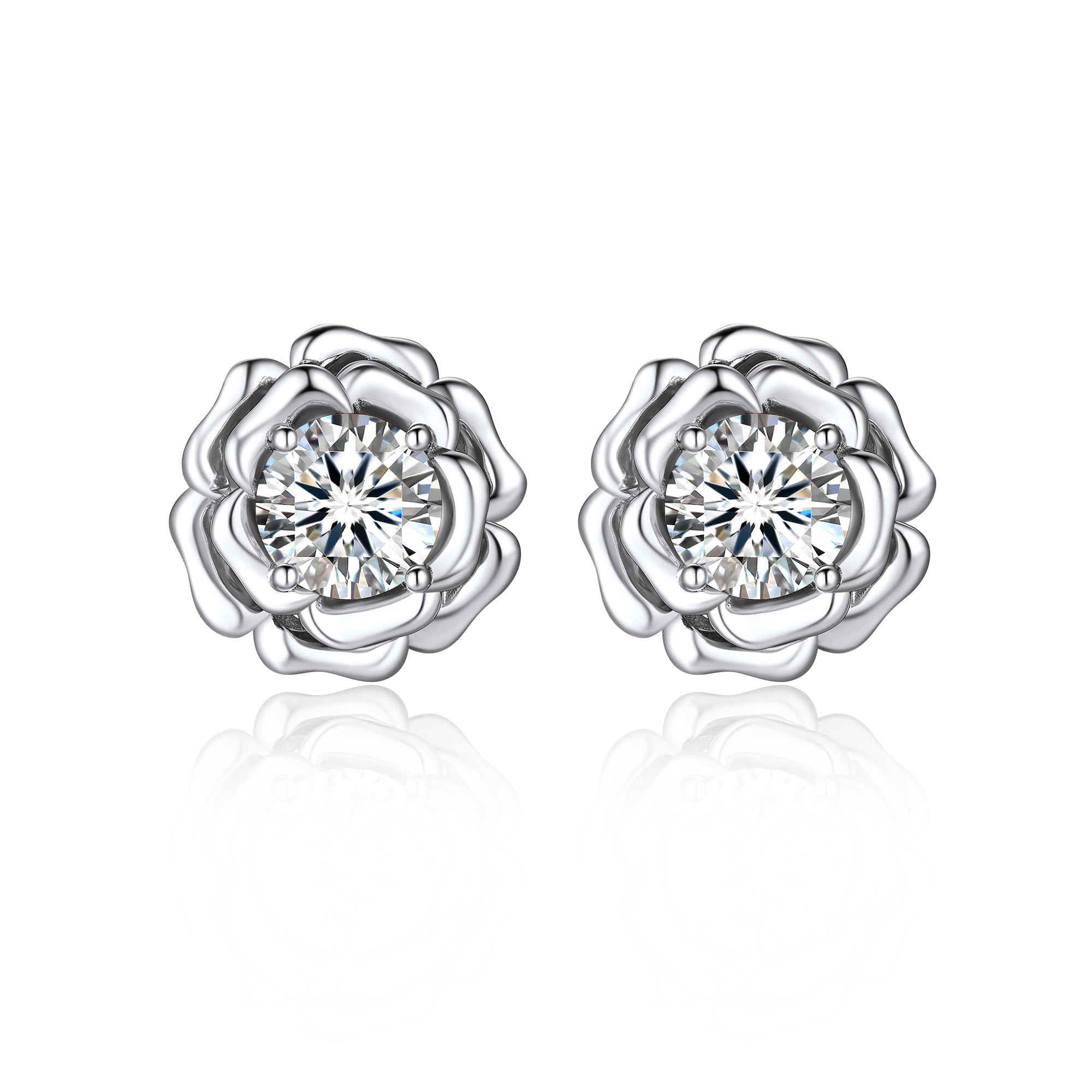 Rose Stud Moissanite Earrings in White Gold (D Color VVS1)