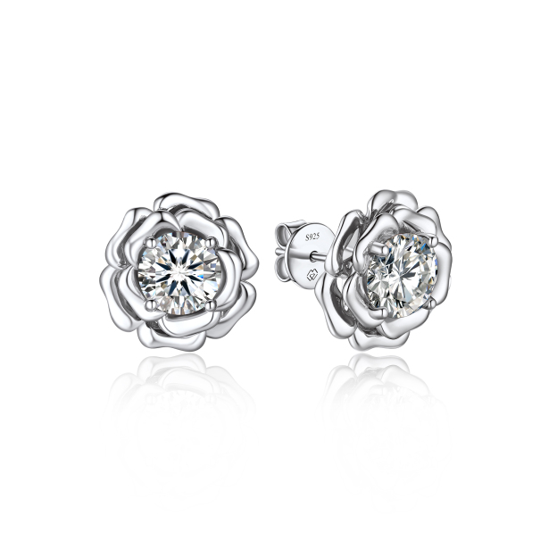 Rose Stud Moissanite Earrings in White Gold (D Color VVS1)